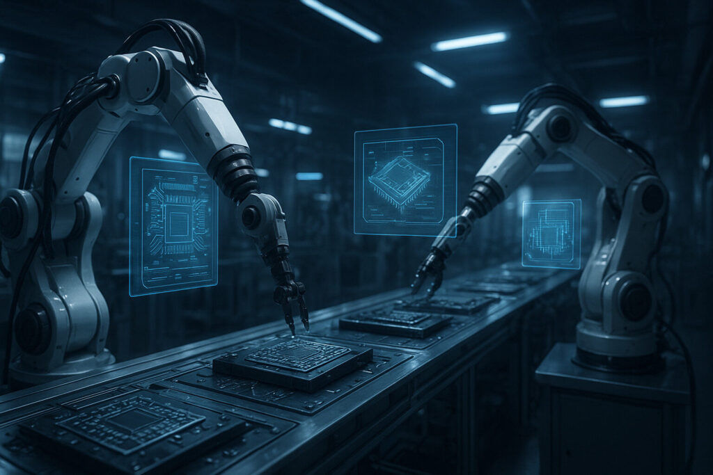 Ultra-modern industrial lab with robotic arms assembling intricate microchips, metallic textures and cool white-blue lighting, transparent holographic displays floating in mid-air showing product schematics, sharp focus, high contrast, photorealistic