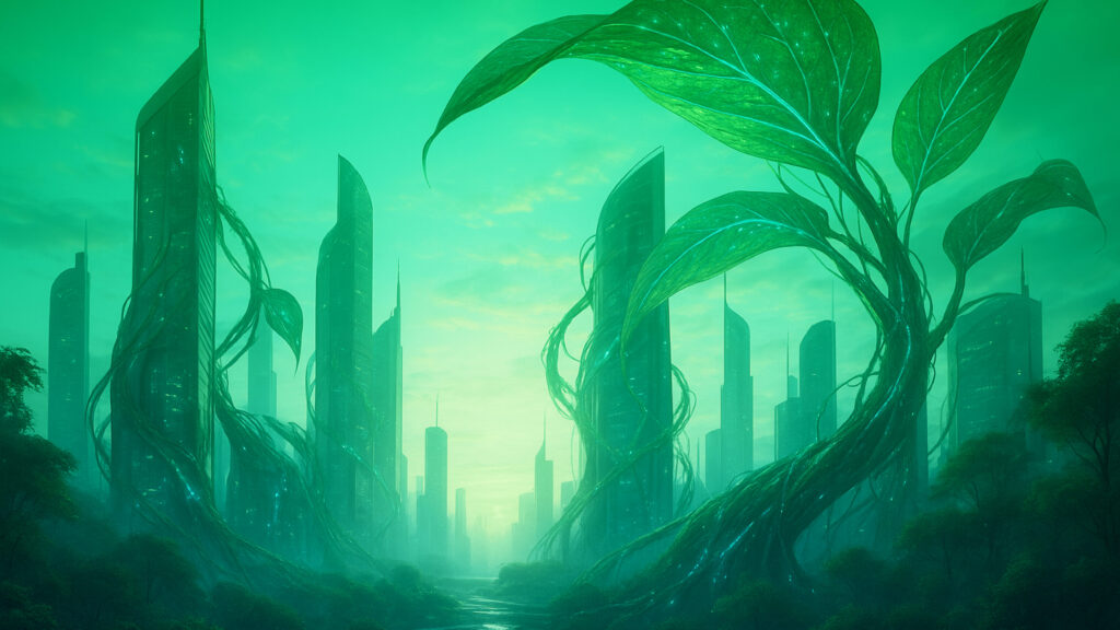 Surreal futuristic cityscape at dawn, sleek skyscrapers intertwined with giant transparent leaves and vines glowing with embedded fiber optic lights, soft morning fog, warm sunlight filtering through metallic foliage, balance of nature and innovation